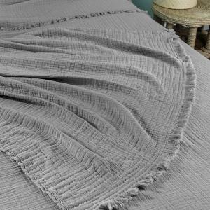 Plaid avec franges 125x180 cm BREHAT 100% gaze de coton gris flanelle